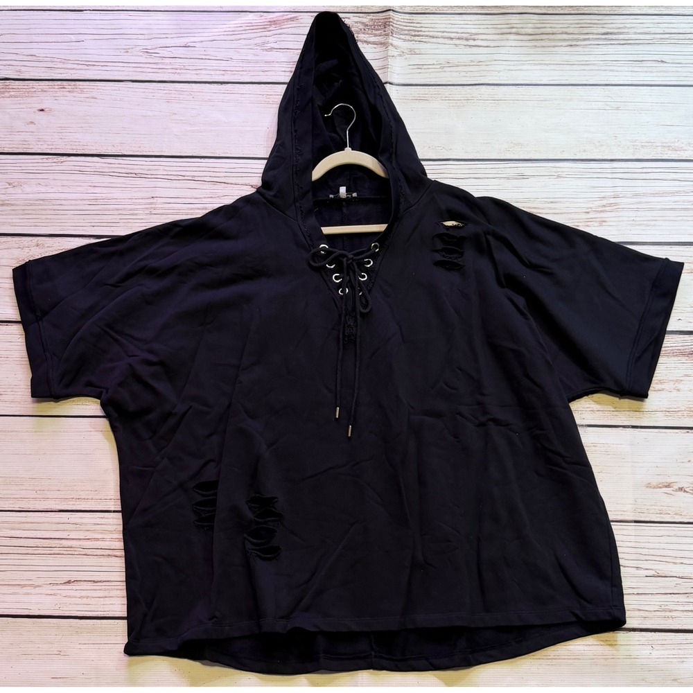 White Birch Black Lace Up Distressed Short Sleeve Hoodie Sweatshirt Plus Size 3X